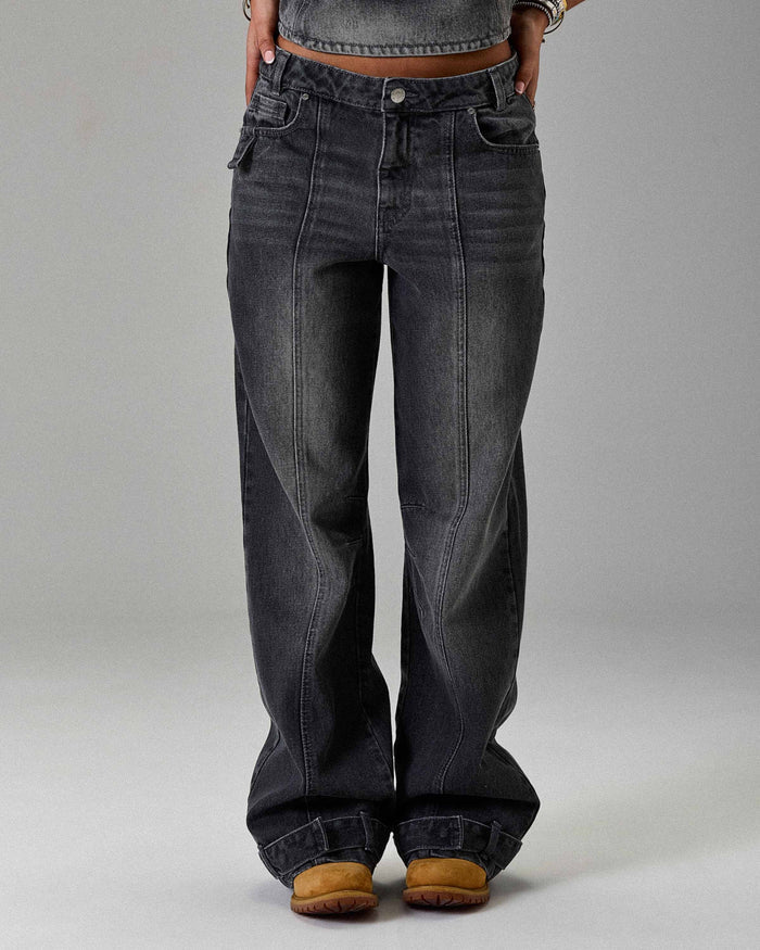 The Winner's Circle Solace Wide Leg Cargo Jeans - Grey/Black