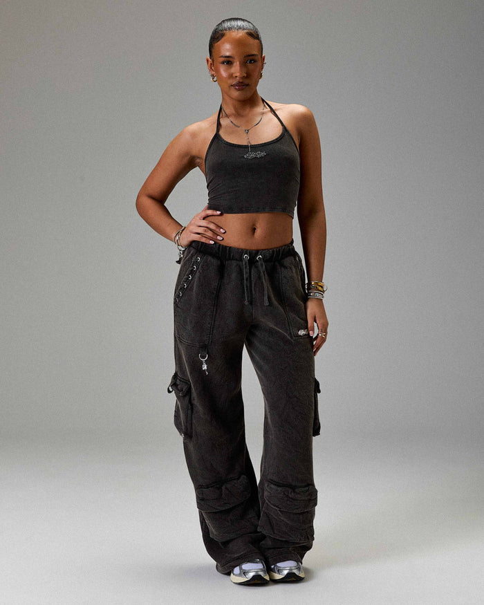 The Winner's Circle Token Tie Back Halter Top - Washed Black