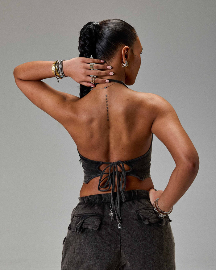The Winner's Circle Token Tie Back Halter Top - Washed Black