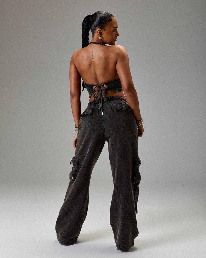 The Winner's Circle Token Tie Back Halter Top - Washed Black