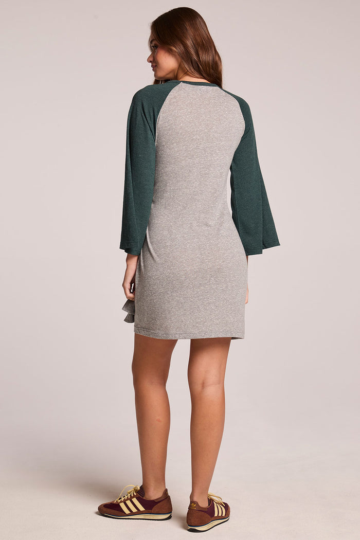 Back view of a woman wearing the Chaser  Thompson Streaky Grey and Pine Mini Dress on a neutral background