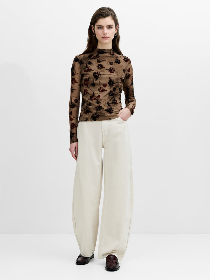 Tia Brown Floral Velvet Devore Mesh Top