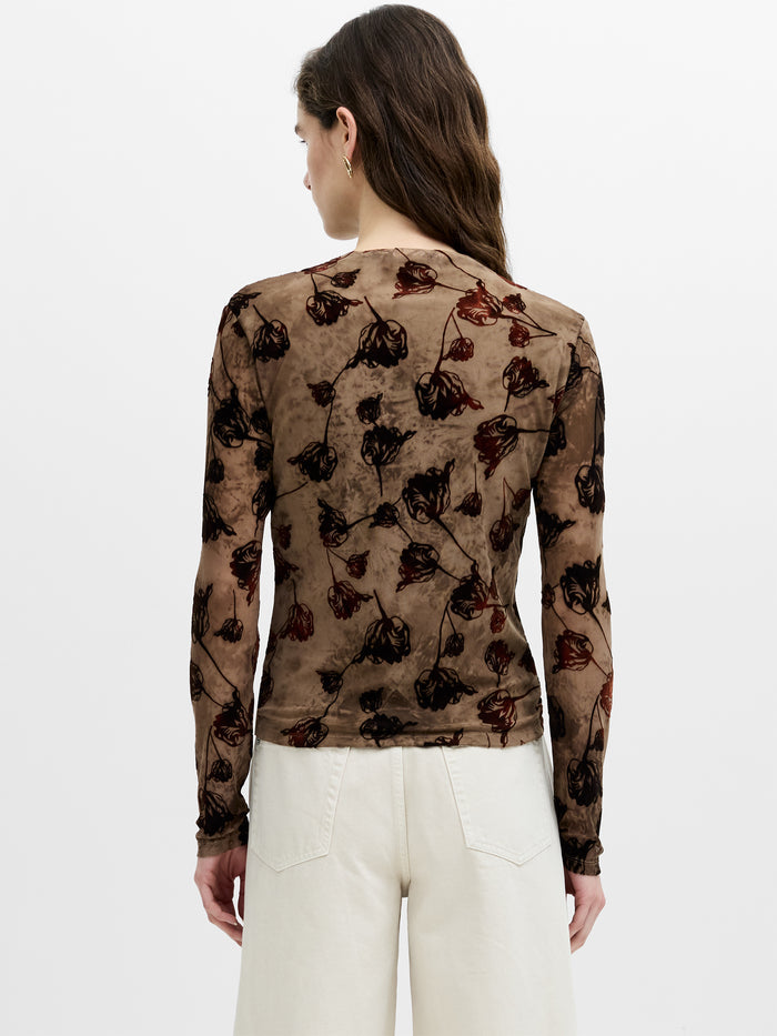 Tia Brown Floral Velvet Devore Mesh Top