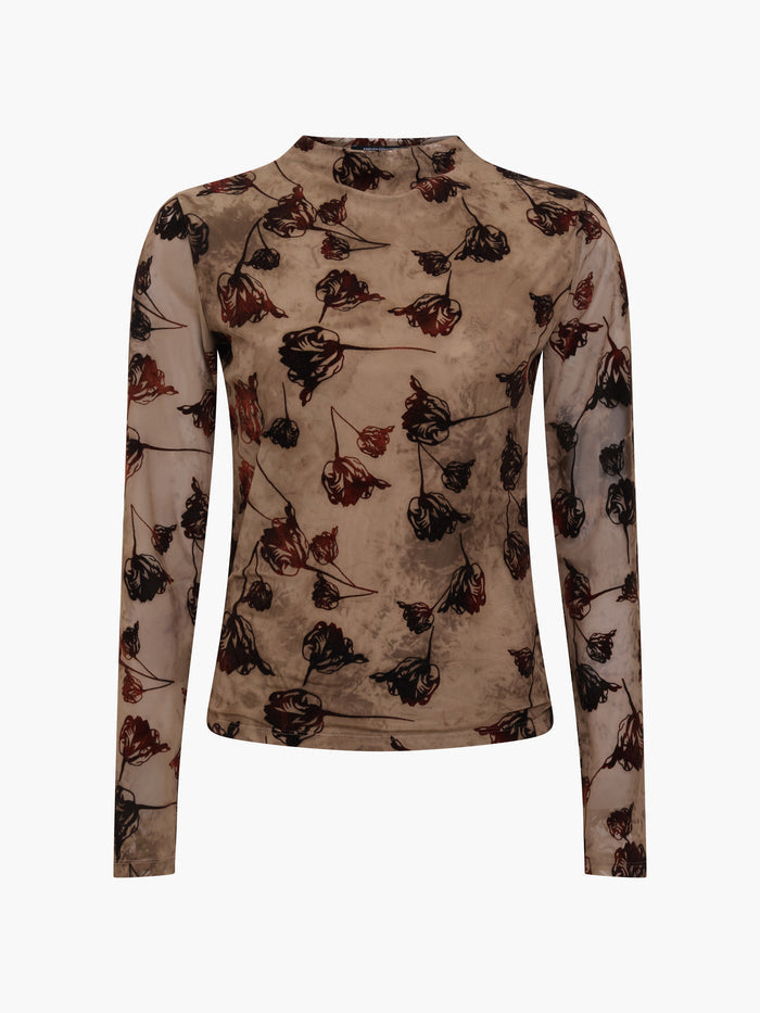 Tia Brown Floral Velvet Devore Mesh Top
