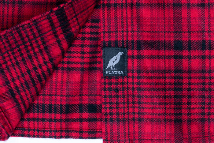 Pladra Toddler Cubs Flannel Shirt in Wrangler Red with bird tag and nature print liner.