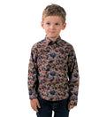 Toddler Cubs Printed Shirt in Turkeys, a long-sleeve shirt with a colorful turkey and forest pattern, worn by a young boy.