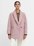 A soft wool pink Coat with long sleeves, notched lapels, a single breasted button and a tailored fit.
