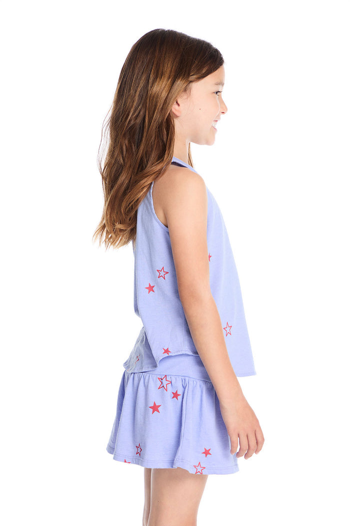 Side view of the Chaser Kids Tossed Stars Powder Blue Tank showing the relaxed silhouette and playful red star detailing