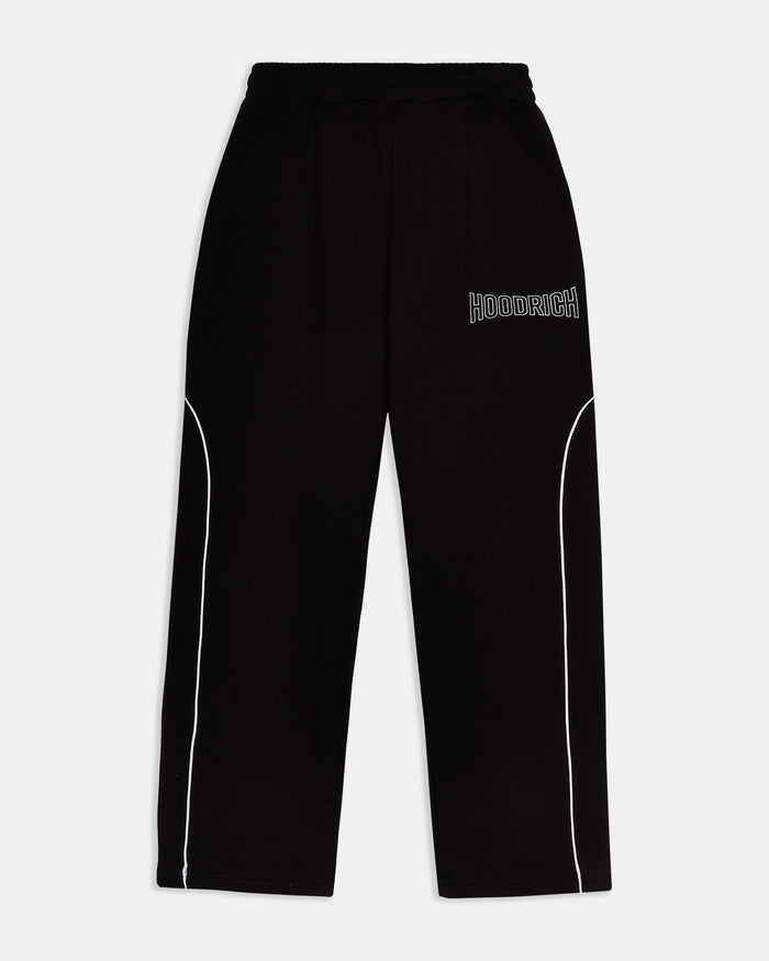 Oversized black joggers with white piping detail and Hoodrich logo embroidery.