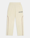 Beige pants with a brand logo on a light gray background