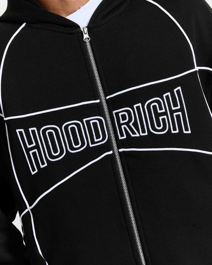 Black hoodie with 'HOODRICH' text on a zipper