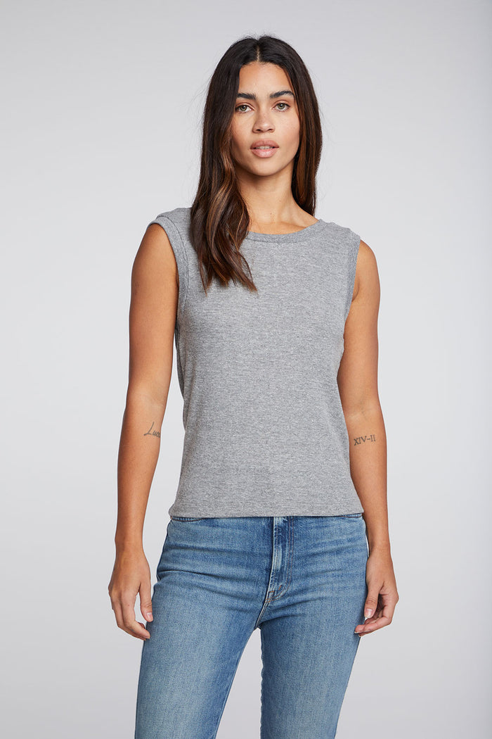 Triblend Rib Shirred Back V Muscle Tank WOMENS chaserbrand