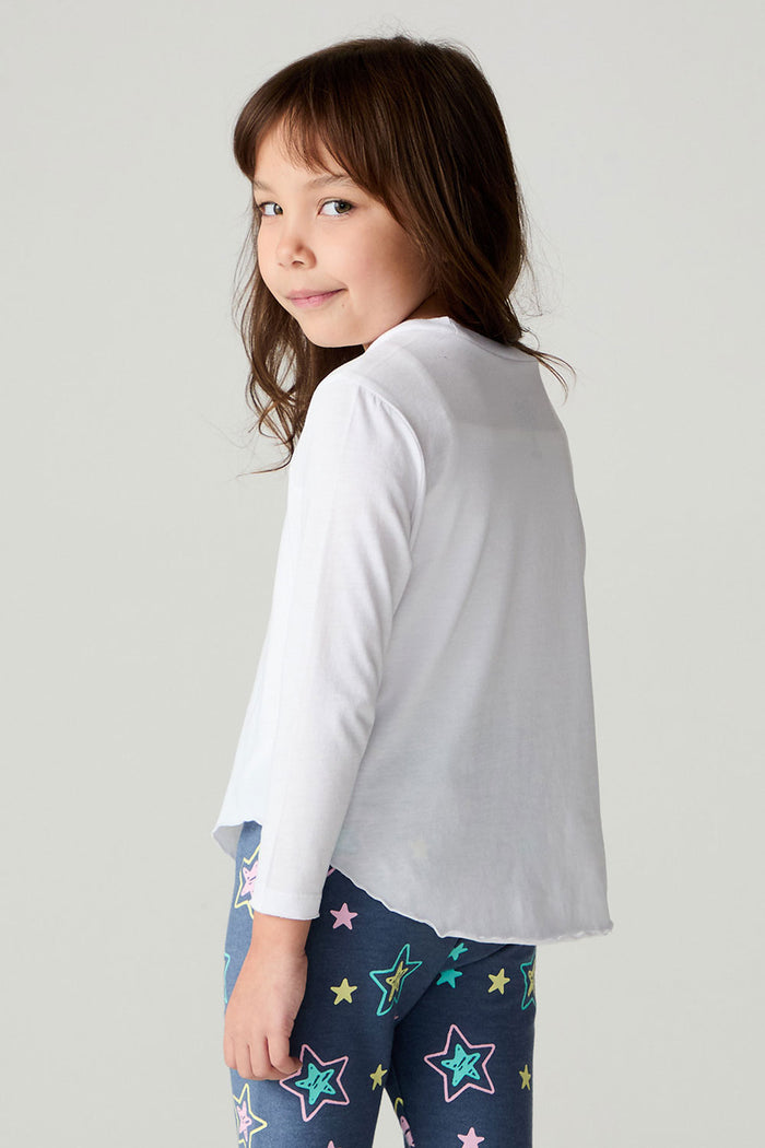 Back view of a girl wearing the Chaser Under The Stars Girls Tee on a neutral background looking over one shoulder