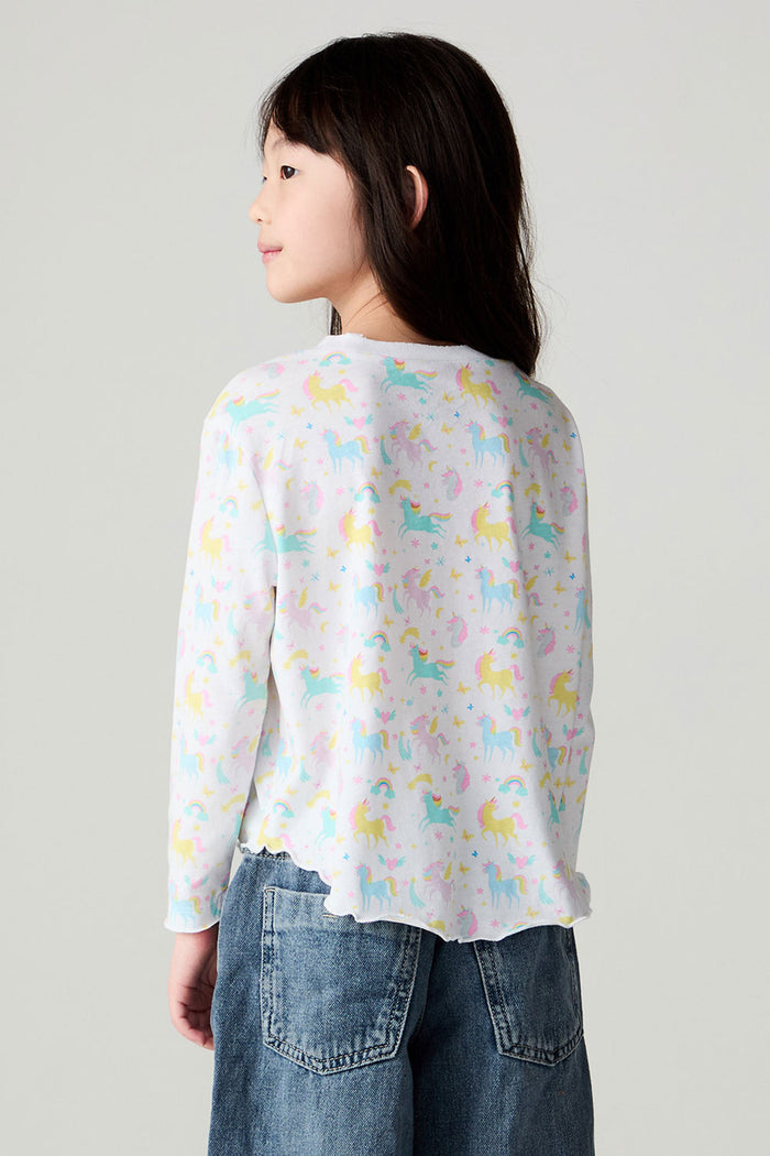 Back view of a girl wearing the Chaser Unicorn Friends Girls Tee on a neutral background with jeans