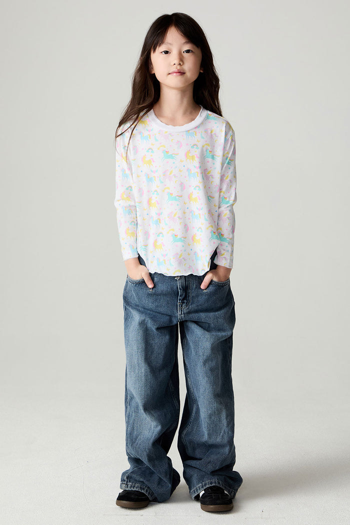 A full body front view of a girl wearing the Chaser Unicorn Friends Girls Tee on a neutral background