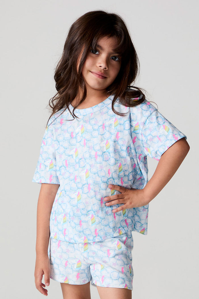 Front  view of a girl wearing the Chaser Unicorn Lightning Tee on a neutral backgroundront