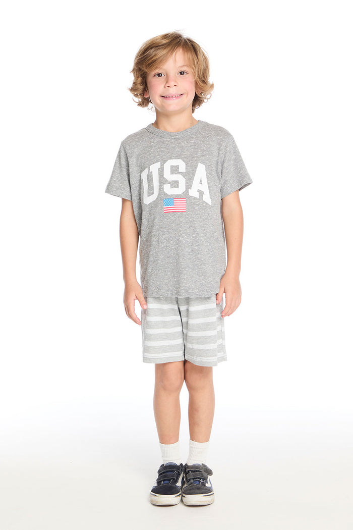 Full body view of Chaser Kids gray USA Crew Neck Tee shown with the Heather Stripe Cozy Knit Short for a laid-back patriotic look