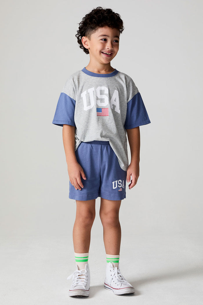 Full body front view of a boy wearing the Chaser U.S.A. Flag Shorts on a neutral background