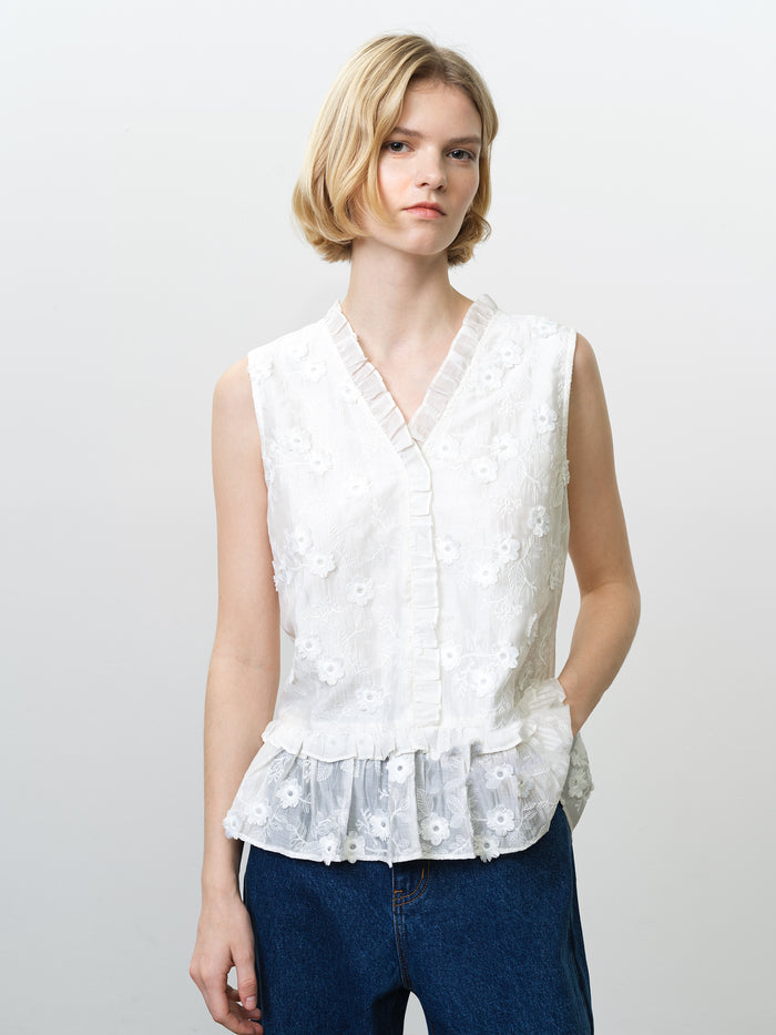 Vani Floral Embroidered Ruffle White Peplum Top