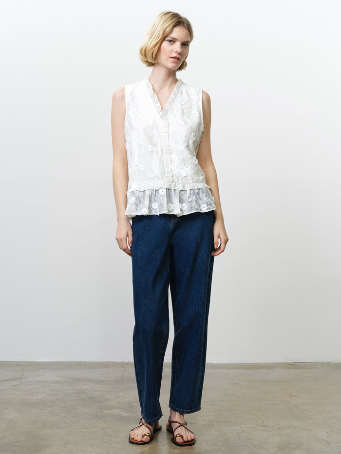 Vani Floral Embroidered Ruffle White Peplum Top