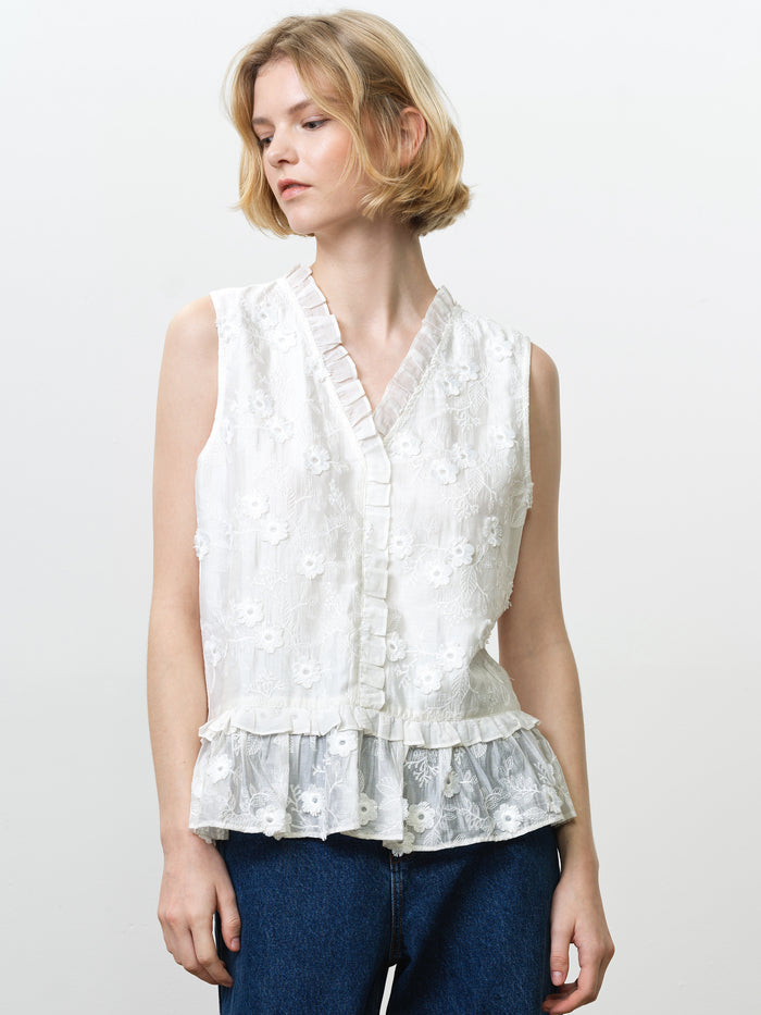 Vani Floral Embroidered Ruffle White Peplum Top