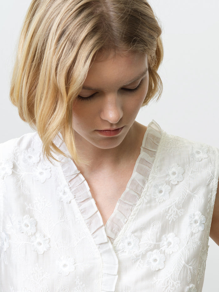 Vani Floral Embroidered Ruffle White Peplum Top