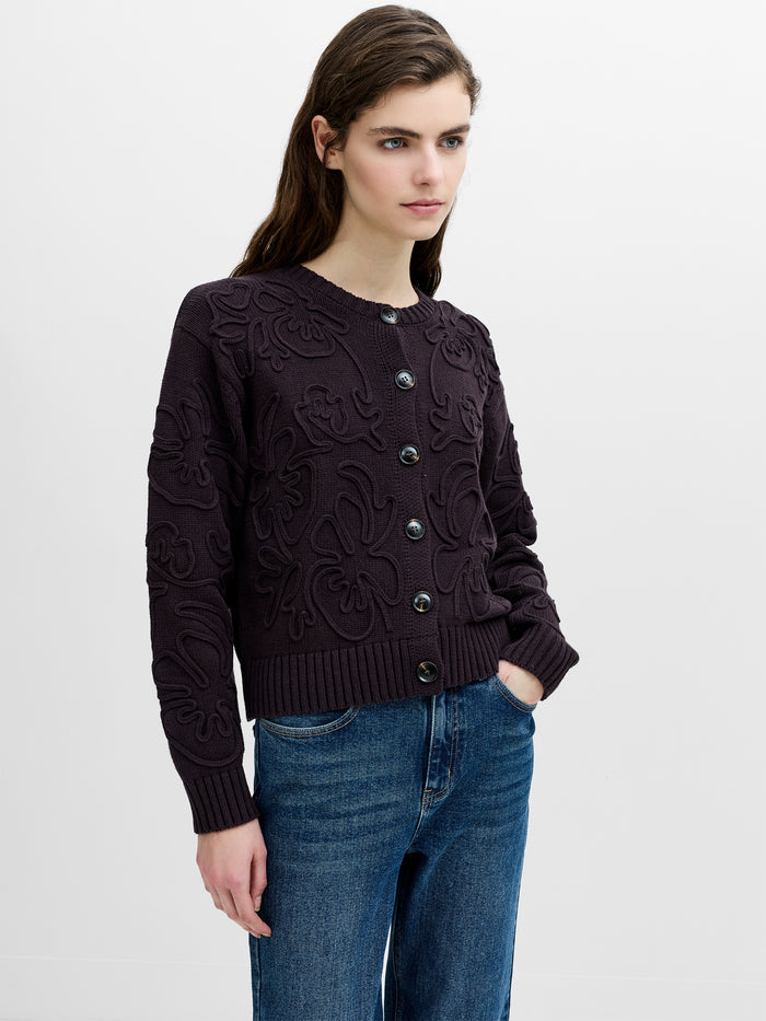 Varli Dark Brown 3D Floral Knit Cardigan