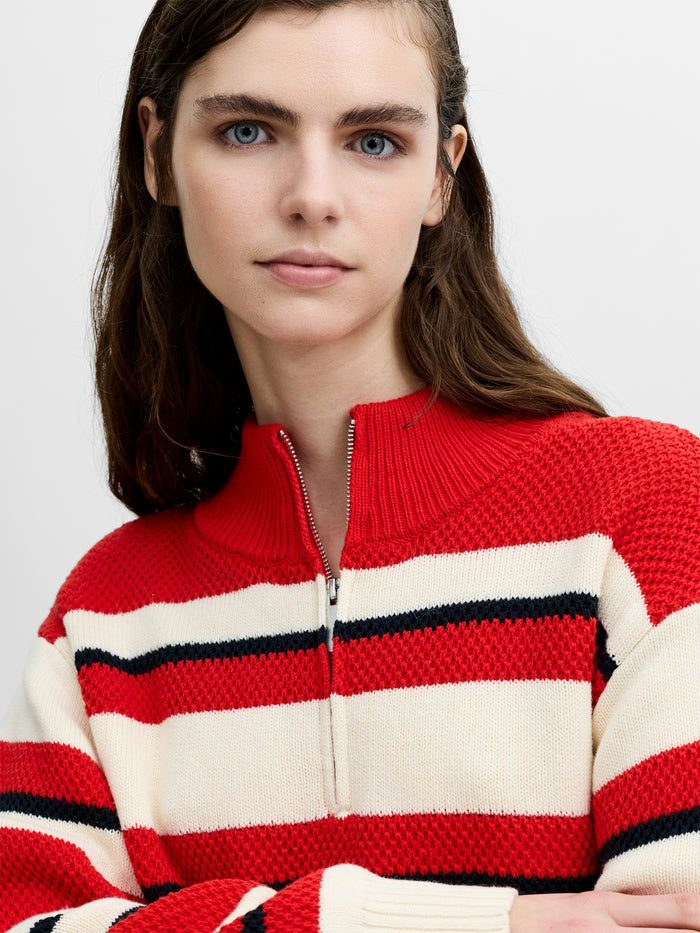 Varli Textured Red Striped Half Zip Jumper