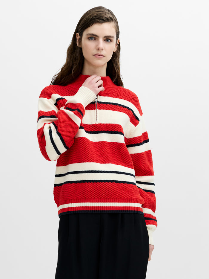 Varli Textured Red Striped Half Zip Jumper