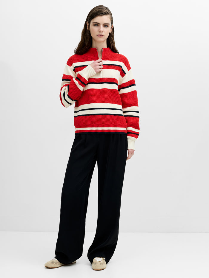 Varli Textured Red Striped Half Zip Jumper