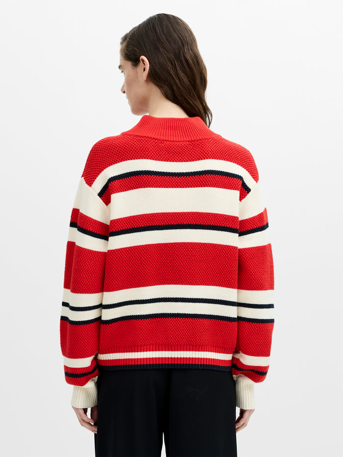 Varli Textured Red Striped Half Zip Jumper