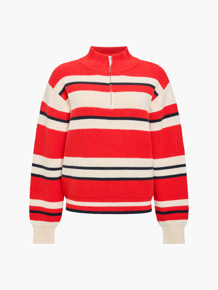 Varli Textured Red Striped Half Zip Jumper