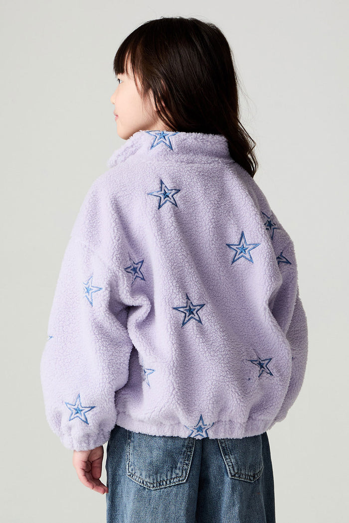 Back view of a girl wearing the Chaser Varsity Stars Girls Varsity Jacket on a neutral background with jeans
