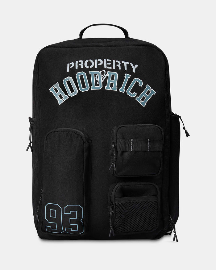 Black backpack with 'PROPERTY of HOODRICH 93' text on a light gray background