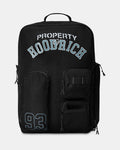 Black backpack with 'PROPERTY of HOODRICH 93' text on a light gray background