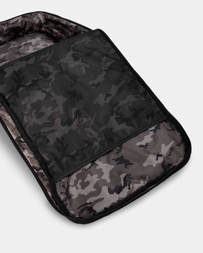 Camouflage-patterned bag on a light gray background