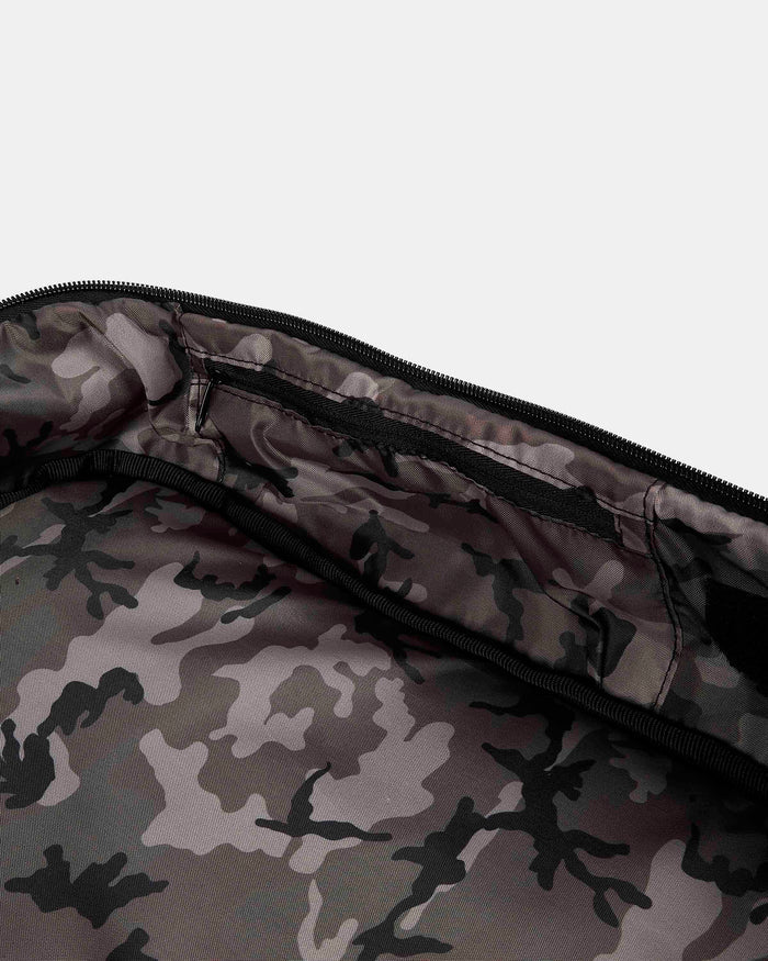 Camouflage-patterned bag with a zipper on a light gray background