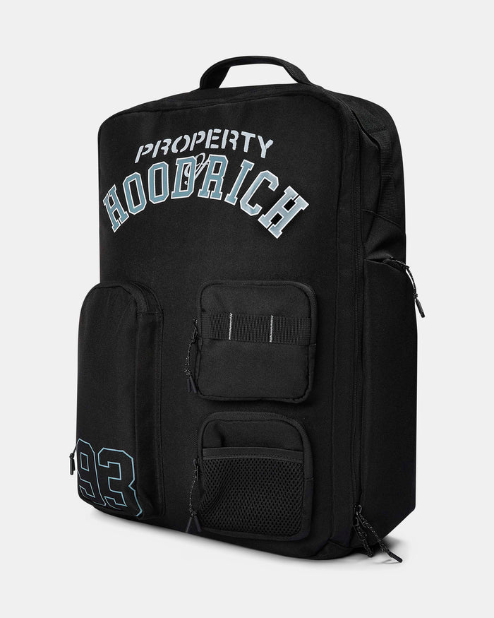 Black backpack with 'Property of Hoodrich' text on a white background