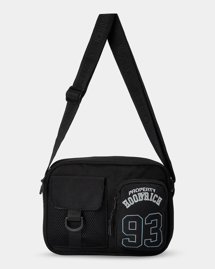 Black shoulder bag with 'Property of Hoobrick 93' text on a white background