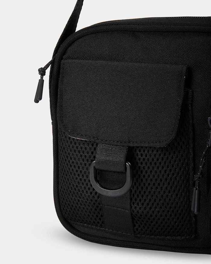 Black tactical bag with a strap on a white background