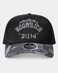 Black and gray cap with 'Property Hoodrich 93 2014' text on a white background