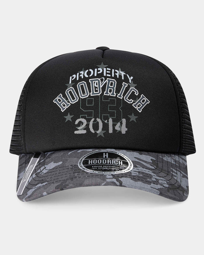 Black and gray cap with 'Property Hoodrich 93 2014' text on a white background