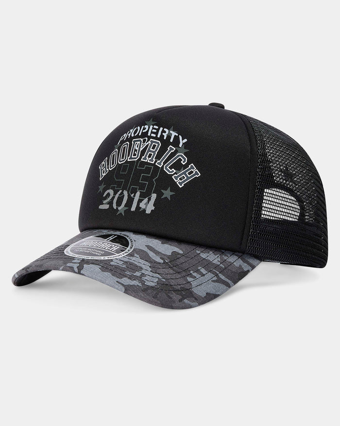 Black and camouflage cap with text on a white background