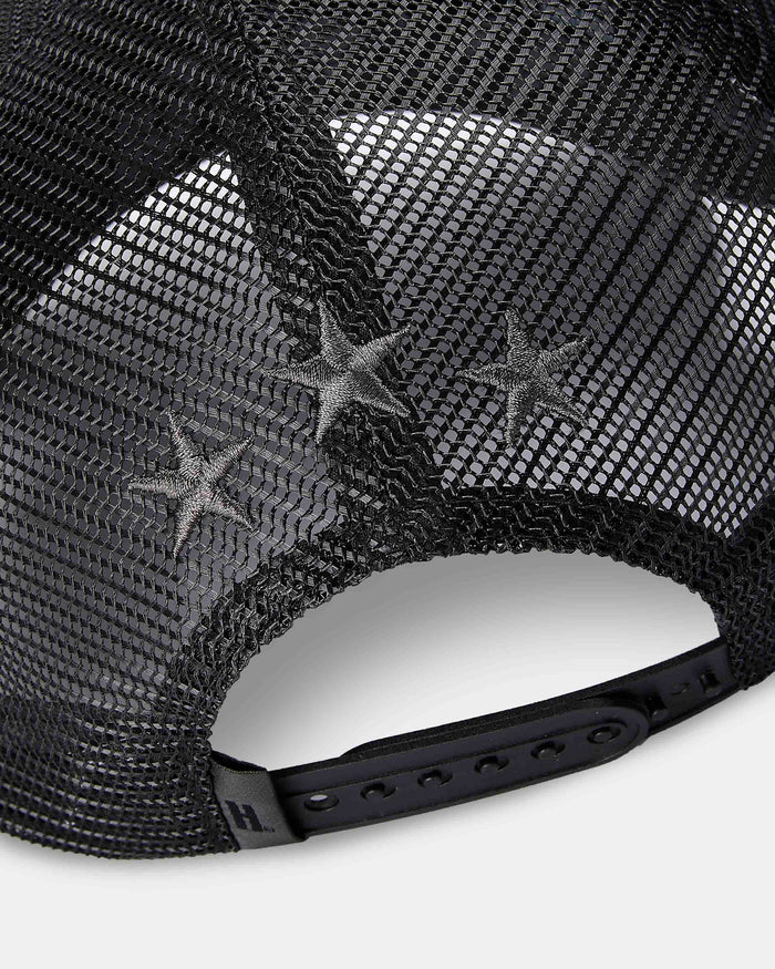 Black mesh cap with star patterns on a white background