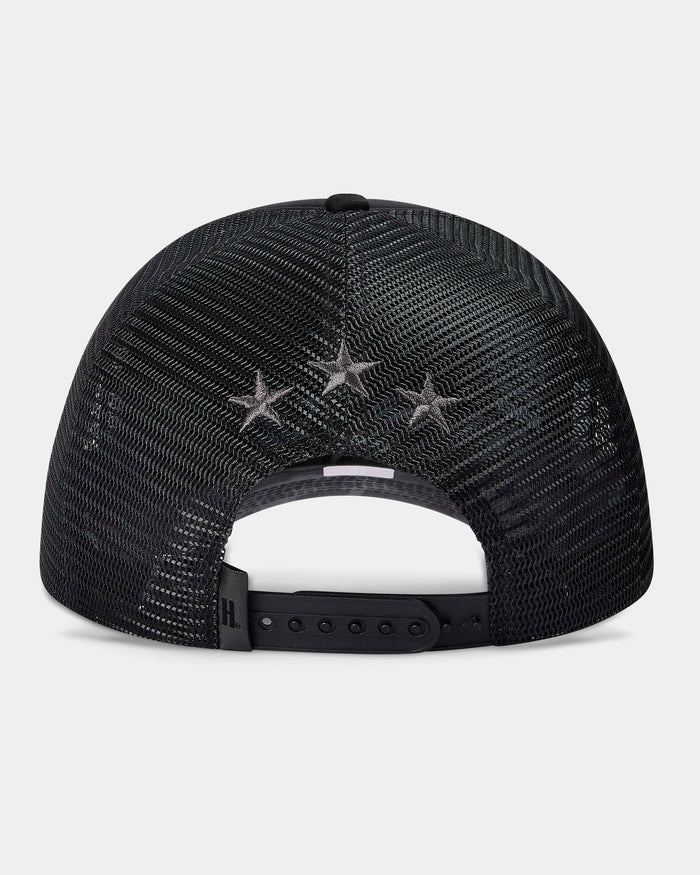 Black mesh cap with star designs on a light gray background