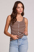 Front view of a woman wearing the Chaser Velora Nutty Brown Stripe Tank on a neutral background