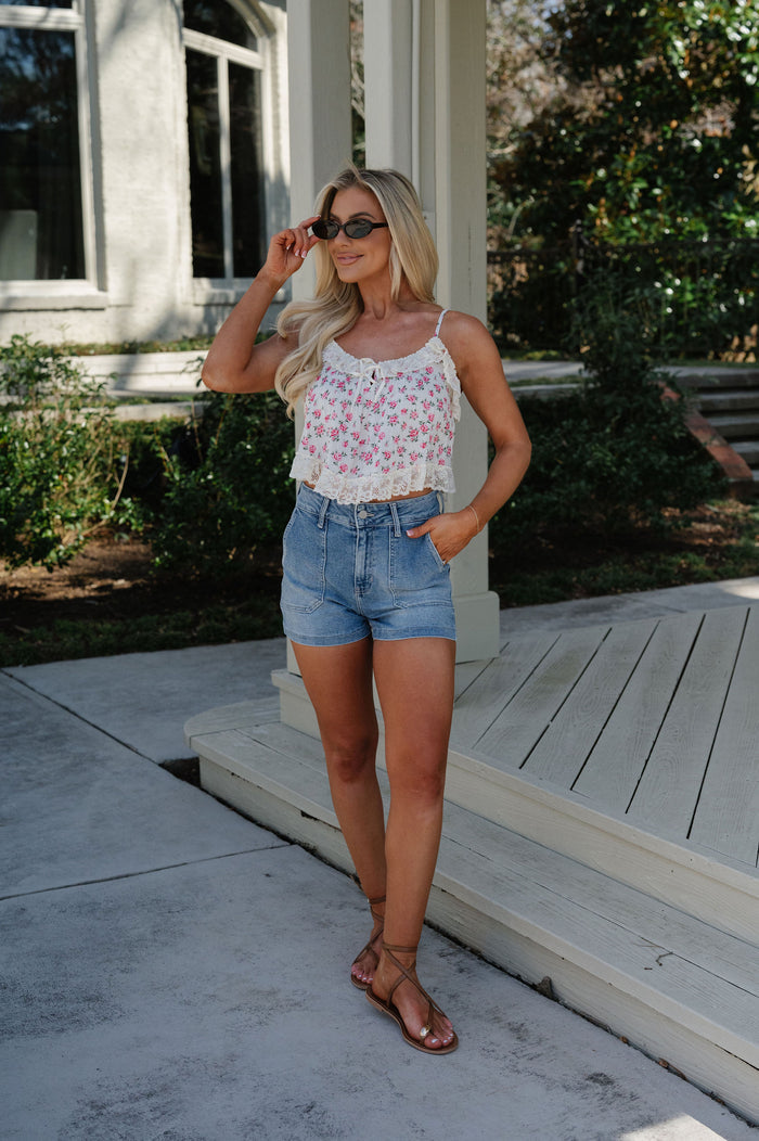 Victoria Lace Trim Top-Pink Floral