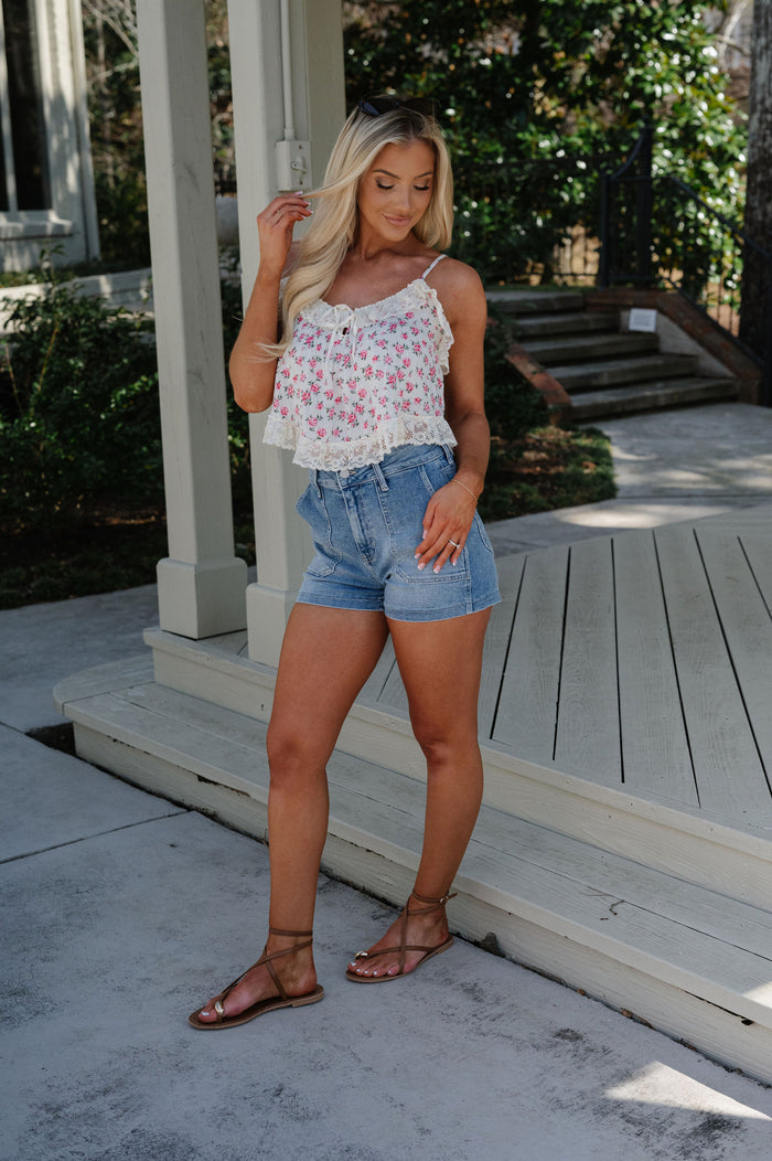 Victoria Lace Trim Top-Pink Floral