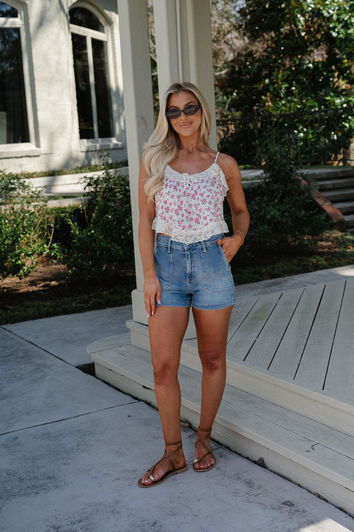 Victoria Lace Trim Top-Pink Floral