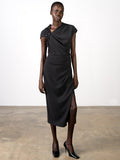 A woman wearing a pinstripe draped black midi dress with a draped neckline, short sleeves, a zip fastening and a side slit.